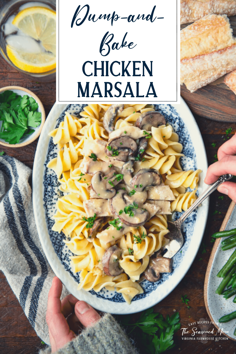 Overhead shot of hands serving chicken marsala with text title overlay