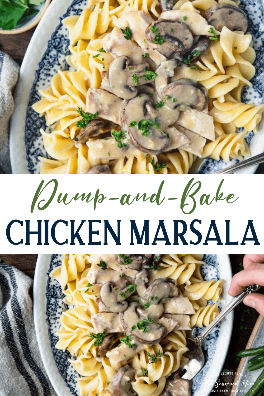 Long collage image of dump and bake chicken marsala recipe