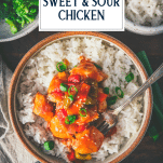 Overhead image of a bowl of sweet and sour chicken with text title overlay