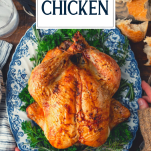 Overhead shot of hands holding a tray of Dutch oven chicken with text title overlay