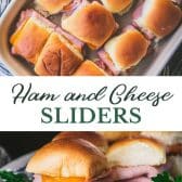 Long collage image of hot ham and cheese sliders on hawaiian rolls.