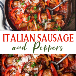 Long collage image of Italian sausage and peppers
