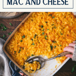 No boil mac and cheese in a pan with serving spoon and text title box at top