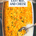 Overhead shot of a pan of baked mac and cheese with text title overlay