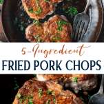 Long collage image of pan fried pork chops