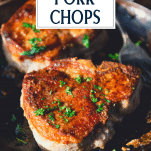 Close up shot of thick cut fried pork chops with text title overlay