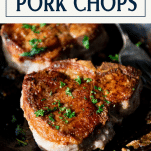 Close up side shot of fried pork chops with text title box at top