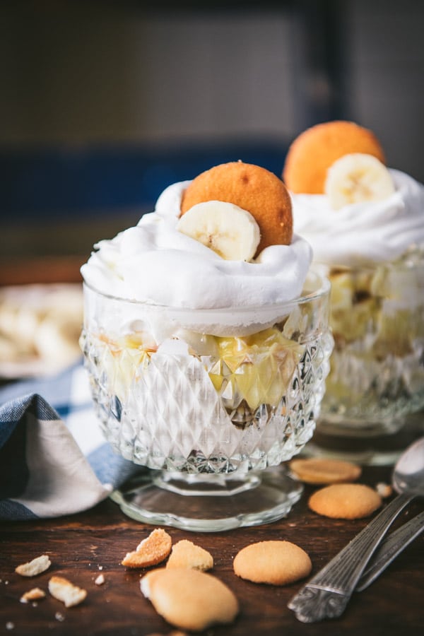 Close up side shot of semi homemade banana pudding recipe in glass dishes.