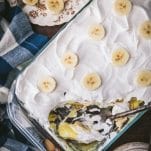 Overhead image of easy homemade banana pudding in a glass dish.