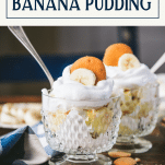 Side shot of two bowls of banana pudding with text title box at top
