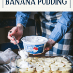 Photo showing how to assemble banana pudding with text title box at top