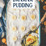 Overhead shot of easy banana pudding with text title overlay