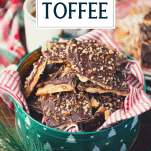 Close up side shot of saltine cracker toffee with text title overlay