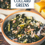 Close side shot of a bowl of collard greens with text title overlay