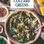 Hands holding a bowl of the best Southern collard greens recipe with text title overlay