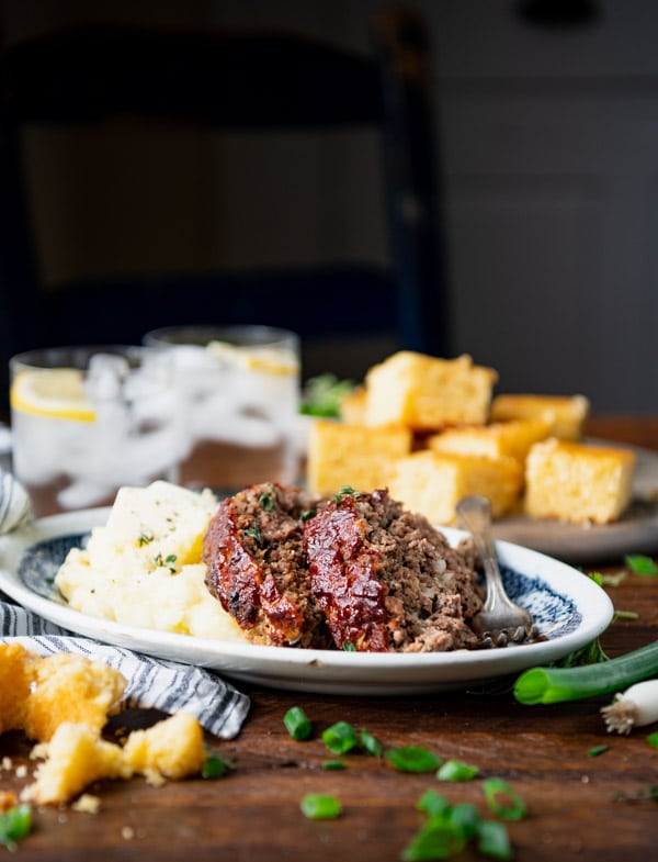 Side shot of a plate of Southern style meatloaf recipe