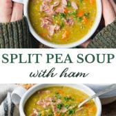 Long collage image of split pea soup with ham.