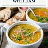 Split pea soup with ham and text title box at top.