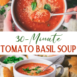 Long collage image of tomato basil soup