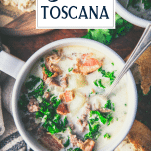 Overhead shot of homemade zuppa toscana with text title overlay