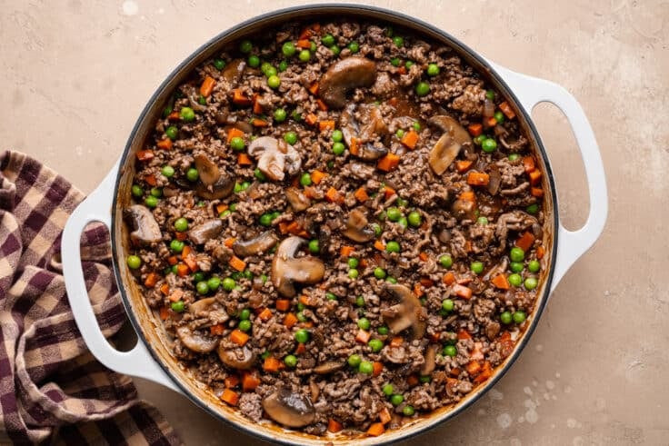 Finished ground beef filling in the cast iron pan.