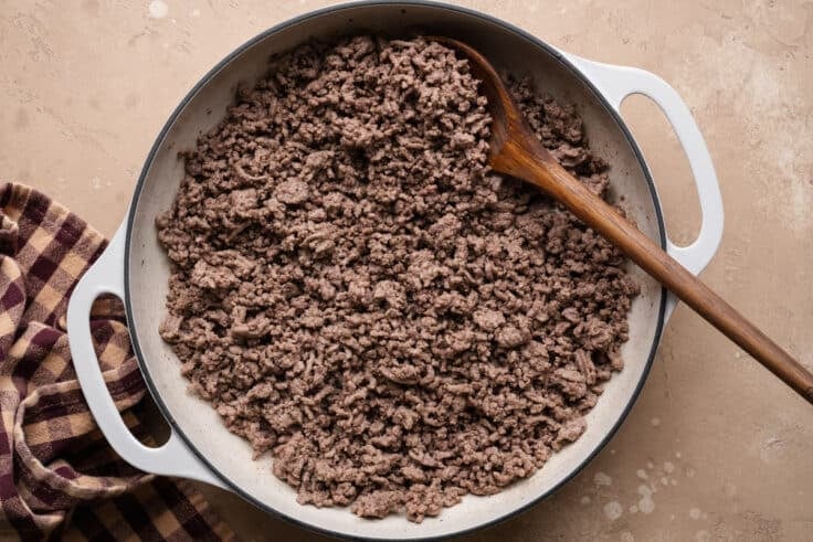 Browning ground beef in the skillet.