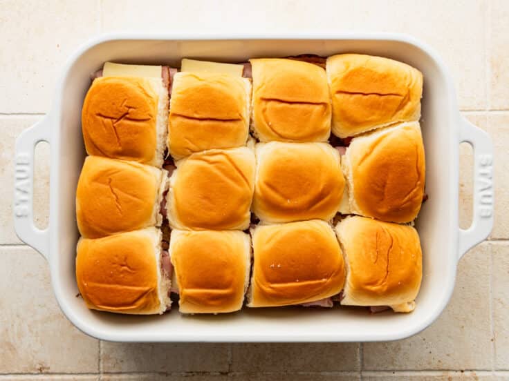 Assembled sliders in a dish.