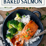 Baked salmon in a bowl with rice and broccoli