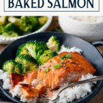 Honey maple and soy baked salmon with text title box at top