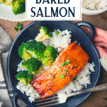 Overhead shot of a bowl of baked salmon with text title overlay