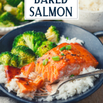 Side shot of a baked salmon fillet with text title overlay