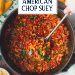 Ladle in a pot of American chop suey recipe with text title overlay
