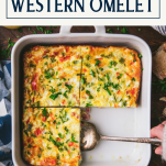 Overhead shot of sliced western omelet with text title box at top