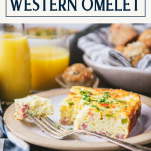 Baked western omelette on a plate with text title box at top