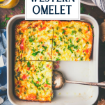 Baked western omelet in a white dish with text title overlay
