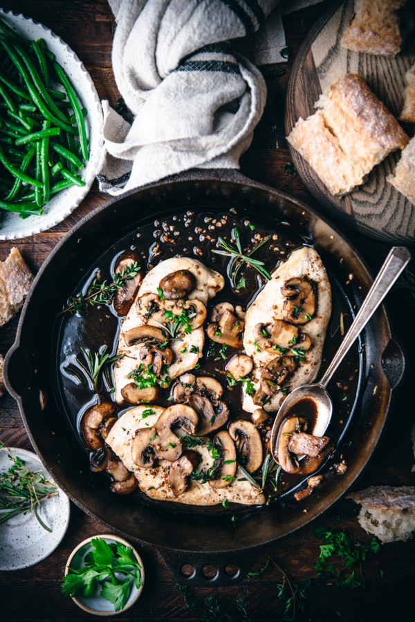 Overhead shot of balsamic chicken with mushrooms in a cast iron skillet.