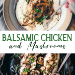 Long collage image of balsamic chicken and mushrooms
