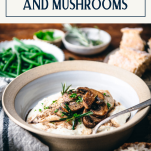 Side shot of a bowl of balsamic chicken and mushrooms with text title box at top
