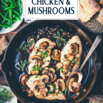 Overhead shot of a skillet of balsamic chicken with mushrooms and text title overlay