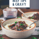 Side shot of crockpot beef tips and gravy with text title overlay.