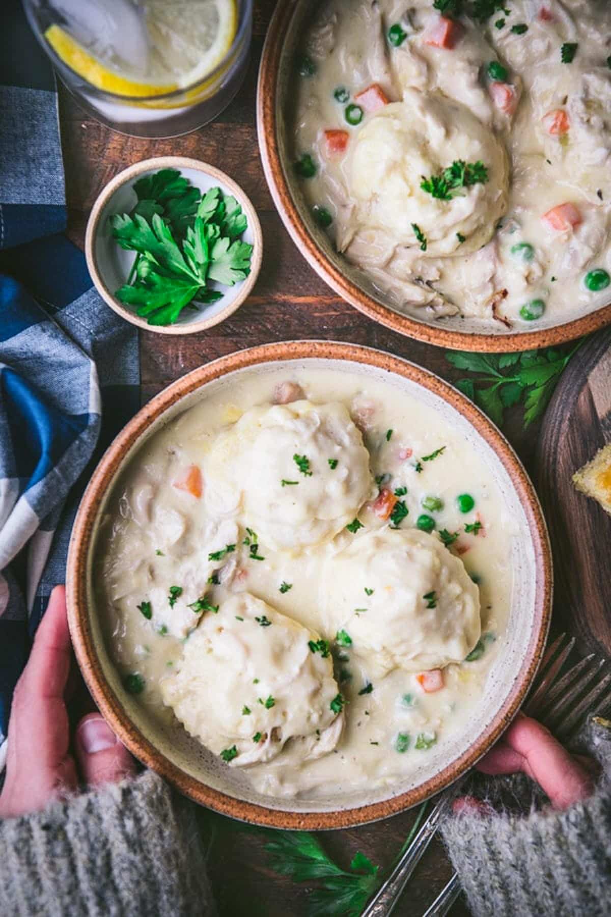 Overhead image of hands holding a bowl of chicken and bisquick dumpling recipe.