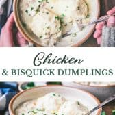Long collage image of Chicken and bisquick dumplings.