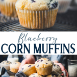 Long collage image of blueberry corn muffins