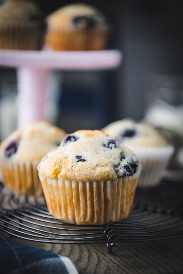 Close up side shot of a blueberry corn muffin on a cooling rack.