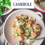 Bowl of chicken and stuffing casserole with broccoli and text title overlay
