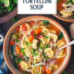 Close up shot of a spoon in a bowl of chicken tortellini soup recipe with text title overlay