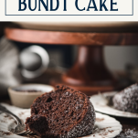 Slice of chocolate bundt cake on a plate with text title box at top.