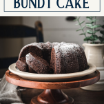 Side shot of the best chocolate bundt cake recipe on a cake stand with text title box at top.