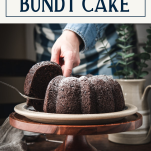 Serving a slice of chocolate pudding bundt cake with text title box at top