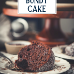 Slice of chocolate sour cream bundt cake on a plate with text title overlay